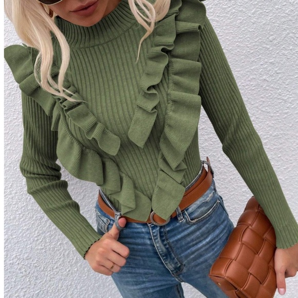 Navy Blue Ruffle Detail Fitted Knit Sweater Top - Picture 2 of 7